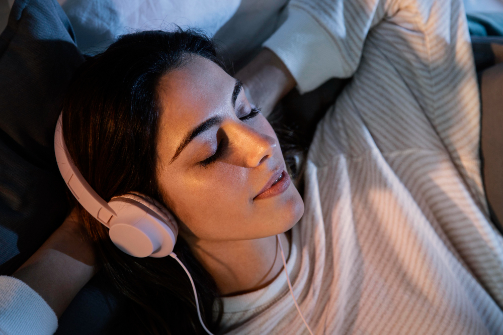 woman lying down with headphones on