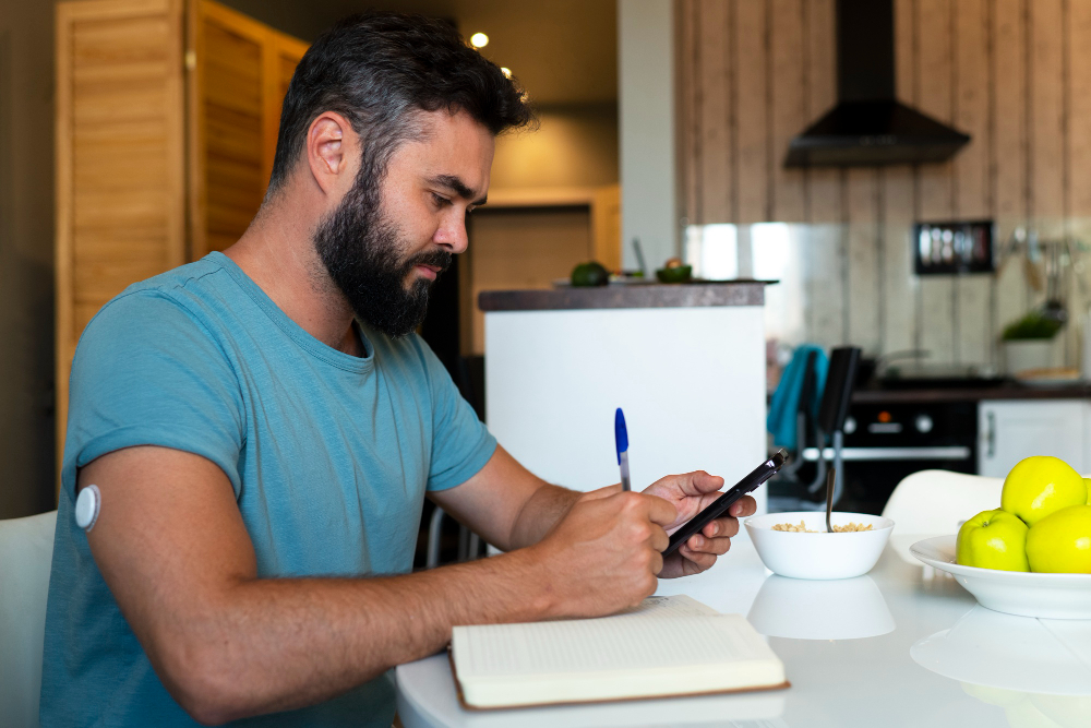man writing in notebook while checking phone