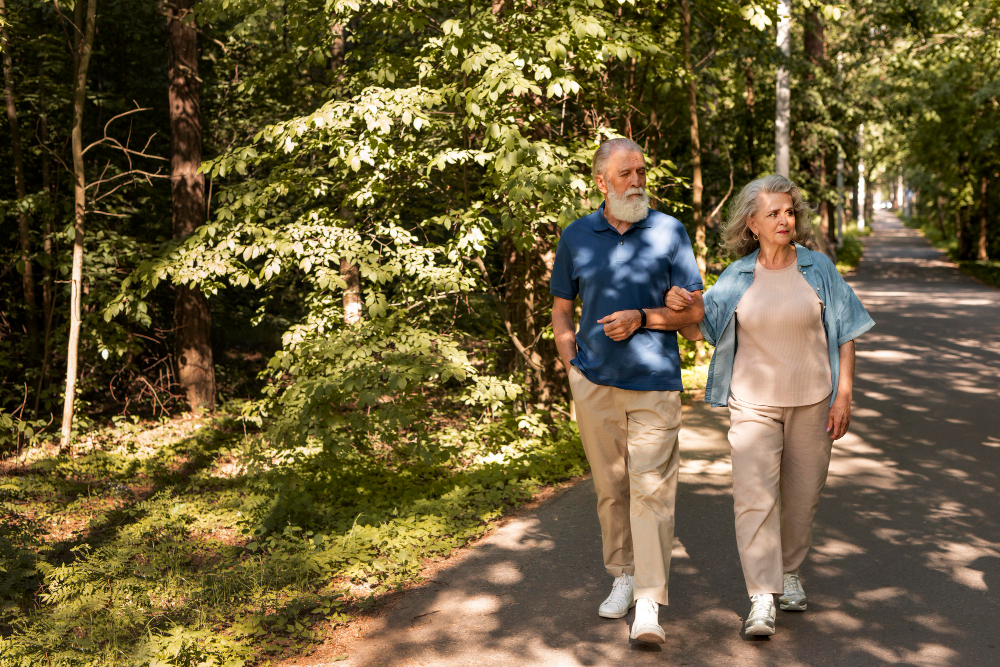senior walking outdoors with a calm expression