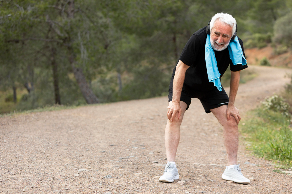 senior man resting on mountain path