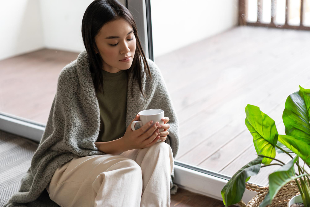 woman enjoying quiet moment with tea