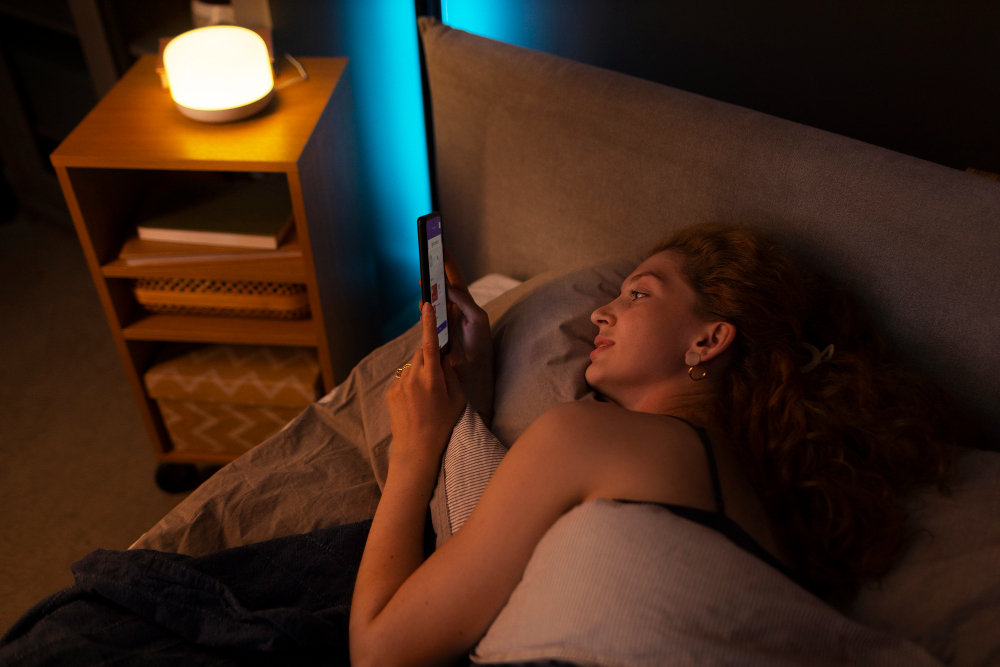 woman relaxed bedtime routine with phone