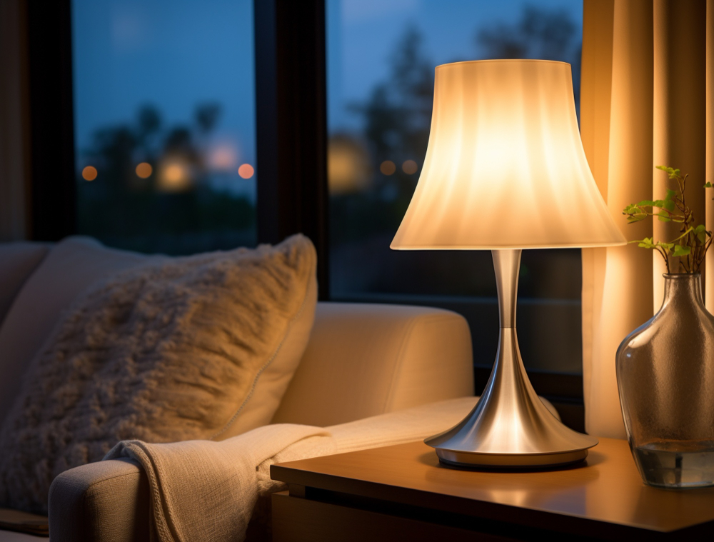 bedroom with lit bedside lamp and window