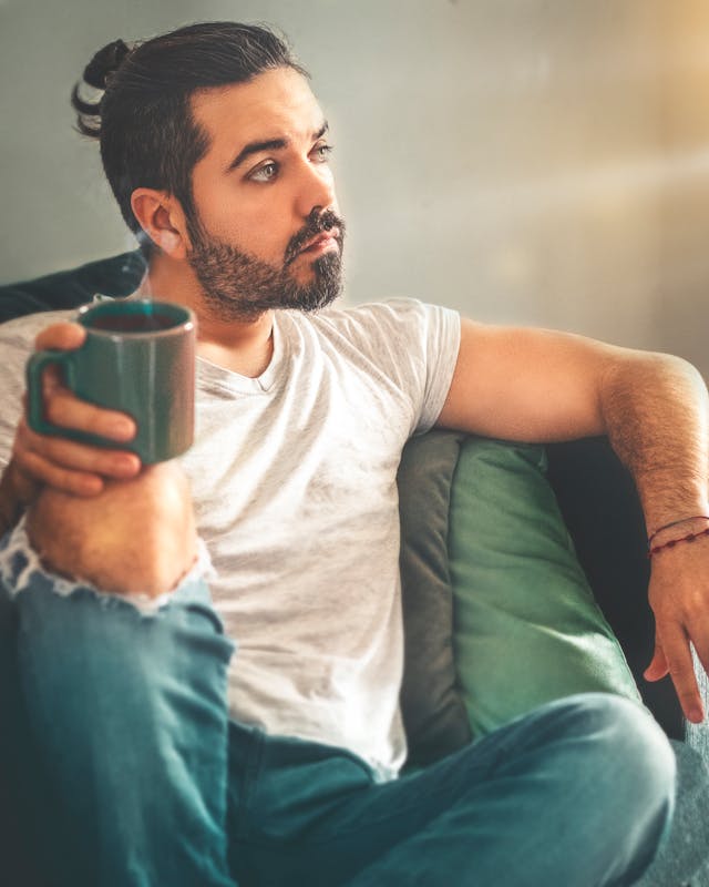 man relaxing coffee break no phone