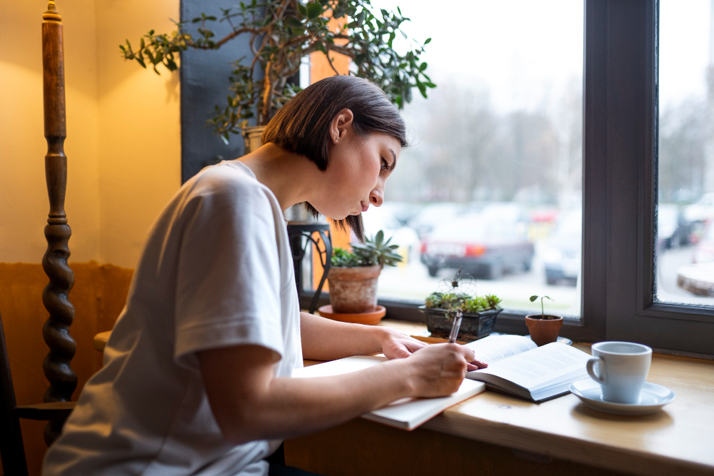 Woman writing by the window with coffee