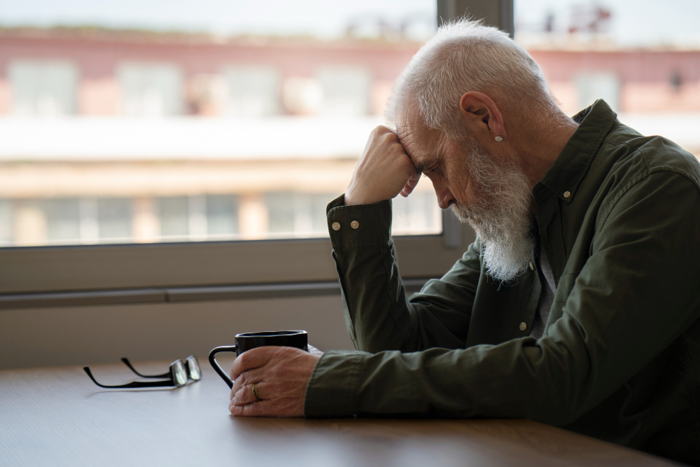 Man looking tired holding coffee