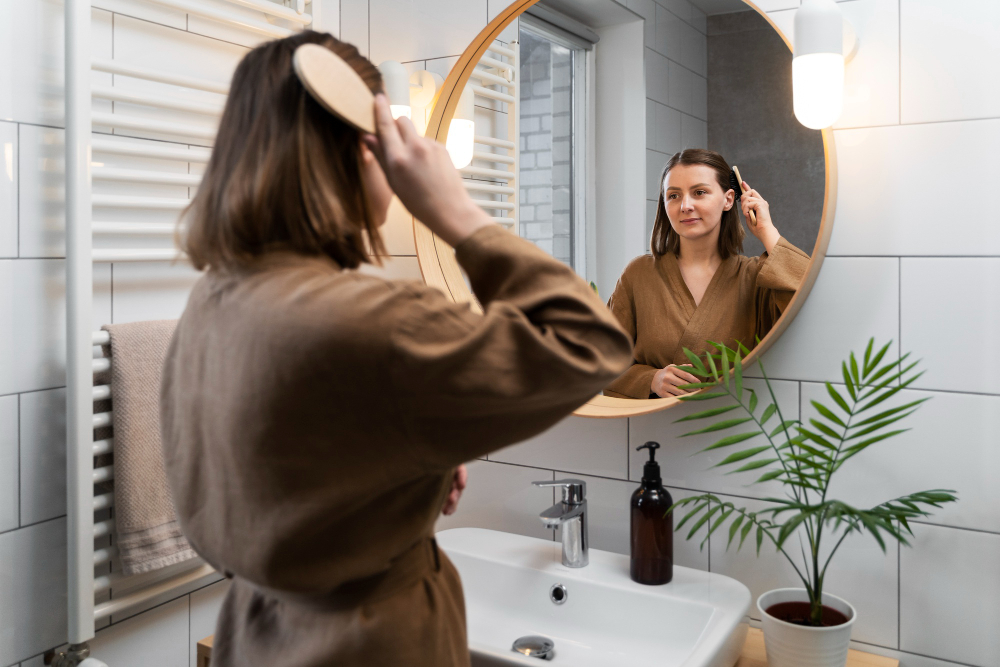 Woman in robe brushing hair in front of bathroom mirror