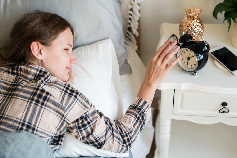 alarm clock on nightstand as part of a consistent sleep schedule